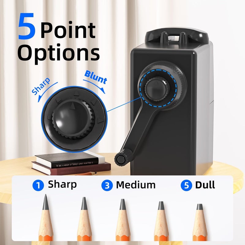 Zmol Manual Hand Crank Pencil Sharpener for Color Pencil,6 Sizes for 6-12mm Colored Pencil Sharpener Handheld with Adjustable Point,Kids, Students, Classroom, Home/Office/School Hand Held Black - Image 2